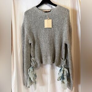 BROCK COLLECTION Luxury Kimba Knit Grey Sweater with Floral Tie Accents Large